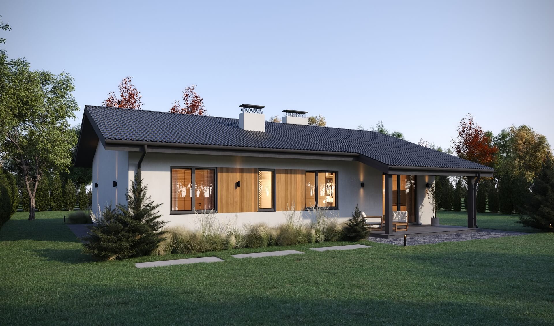 Кухня-гостиная боковая, терраса задняя 120 м²