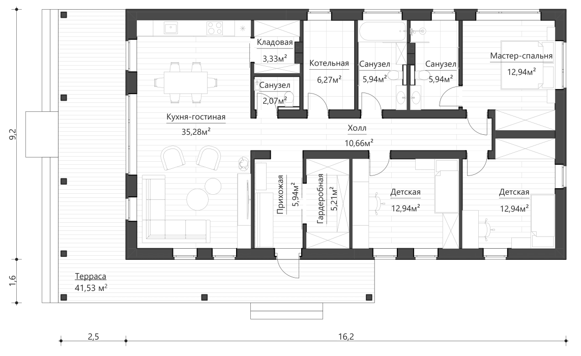 Кухня-гостиная боковая, терраса боковая 80-100 м²