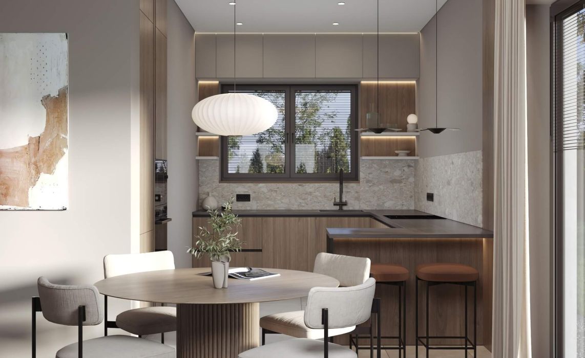 Кухня-гостиная боковая, терраса задняя 120 м²