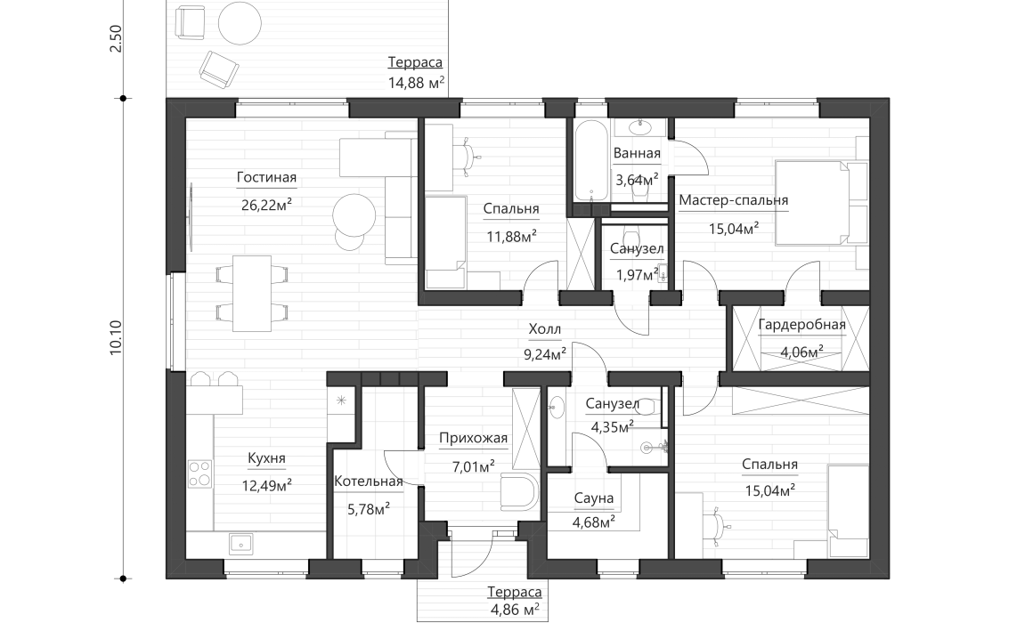 Кухня-гостиная боковая, терраса задняя 120-140 м²