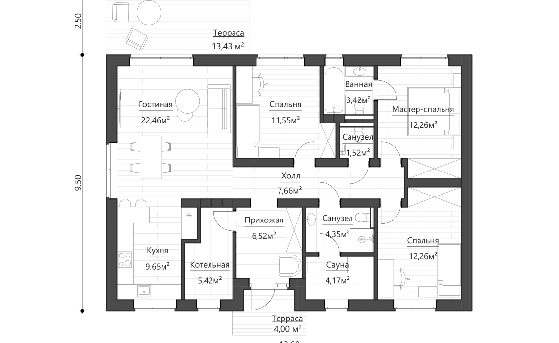Кухня-гостиная боковая, терраса задняя 100-120 м²