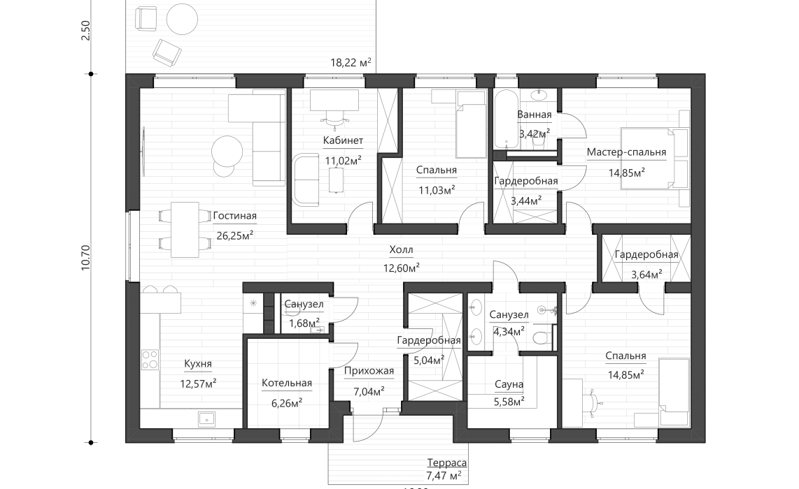 Кухня-гостиная боковая, терраса задняя 140-160 м²
